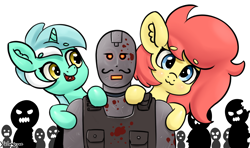 Size: 3996x2371 | Tagged: safe, artist:yelowcrom, lyra heartstrings, oc, oc only, oc:brushie, earth pony, pony, robot, undead, unicorn, zombie, g4, beanbrows, blood, blushing, call of duty, call of duty zombies, ear fluff, eyebrows, eyebrows visible through hair, female, german, high res, klaus, mare, trio focus