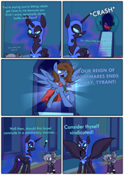 Size: 3000x4242 | Tagged: safe, artist:moonatik, part of a set, nightmare moon, oc, oc:bizarre song, oc:selenite, alicorn, bat pony, pegasus, pony, new lunar millennium, g4, 5 panel comic, angry, armor, bat pony oc, boots, cape, castle, clothes, comic, dialogue, feathered wings, female, hair bun, happy, helmet, high res, mare, military uniform, nightmare takeover timeline, part of a series, pegasus oc, peytral, shoes, spread wings, tail bun, uniform, wings