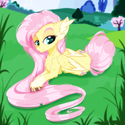 Size: 2500x2500 | Tagged: safe, artist:rurihal, fluttershy, pegasus, pony, g4, chest fluff, ear fluff, grass, high res, looking at you, lying down, tree