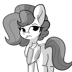 Size: 3000x3000 | Tagged: safe, artist:tjpones, oc, oc only, oc:brownie bun, earth pony, pony, horse wife, black and white, butt, cigarette, female, grayscale, high res, iron, lidded eyes, looking at you, looking back, looking back at you, mare, monochrome, plot, pun, sexy, simple background, solo, visual pun, white background