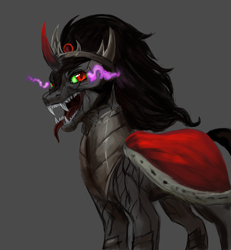 Size: 4121x4453 | Tagged: safe, artist:misstwipietwins, king sombra, pony, unicorn, cape, clothes, colored horn, curved horn, fangs, glowing eyes, gray background, horn, male, open mouth, simple background, slit pupils, smiling, solo, sombra eyes, sombra horn, stallion, teeth, tongue out