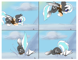 Size: 3300x2550 | Tagged: safe, artist:leadhooves, oc, oc only, oc:snowcap, bat pony, pony, ass up, bat pony oc, bat wings, behaving like a fox, comic, high res, jumping, outdoors, pounce, silly, silly pony, snow, solo, stuck, wings