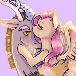 Size: 2048x2048 | Tagged: safe, artist:troublesomeowo, discord, fluttershy, draconequus, pegasus, pony, g4, blushing, bust, eyes closed, female, floppy ears, forehead kiss, high res, kissing, lens flare, male, mare, ship:discoshy, shipping, smiling, spread wings, straight, wings