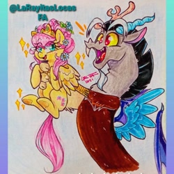 Size: 960x960 | Tagged: safe, artist:laray, discord, fluttershy, draconequus, pegasus, pony, g4, alternate hairstyle, duo, emanata, female, holding, holding a pony, jewelry, mare, open mouth, open smile, smiling, sparkles, spread wings, three quarter view, traditional art, wings