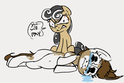 Size: 836x562 | Tagged: safe, artist:dotkwa, oc, oc only, oc:dotmare, oc:flying saucer, earth pony, pony, angry, belly button, bloodshot eyes, crying, duo, looking at you, lying down, on side, ponified, rule 63, talking to viewer, wavy mouth