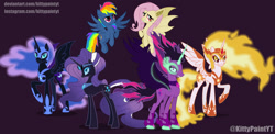 Size: 1280x627 | Tagged: safe, artist:angellight-bases, artist:arcticwindsbases, artist:intfighter, artist:kittypaintyt, artist:pegasister64, artist:polymercorgi, daybreaker, fluttershy, nightmare moon, nightmare rarity, rainbow dash, sci-twi, twilight sparkle, alicorn, bat pony, pegasus, pony, unicorn, equestria girls, g4, secrets and pies, antagonist, base used, bat ponified, crown, equestria girls ponified, evil grin, evil pie hater dash, female, flutterbat, flying, grin, jewelry, looking at you, mane of fire, mare, midnight sparkle, ponified, purple background, race swap, regalia, simple background, smiling, spread wings, wings