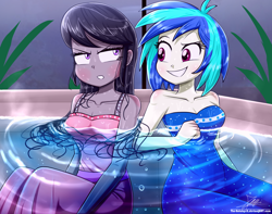 Size: 1360x1070 | Tagged: safe, artist:the-butch-x, dj pon-3, octavia melody, vinyl scratch, human, equestria girls, g4, annoyed, bare shoulders, blushing, breasts, clothes, dress, duo, female, hot tub, jacuzzi, lesbian, octavia is not amused, ship:scratchtavia, shipping, sleeveless, strapless, tsuntavia, unamused, wet, wet clothes, wet dress, wet hair