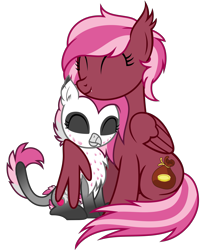 Size: 2695x3288 | Tagged: safe, artist:bnau, derpibooru exclusive, oc, oc only, oc:cherry feather, oc:zeny, hippogriff, pony, chest fluff, cuddling, cute, cute little fangs, duo, duo female, ear fluff, eyes closed, fangs, female, high res, hug, leonine tail, mother and child, mother and daughter, pale belly, show accurate, simple background, sitting, tail fluff, transparent background, vector, winghug, wings