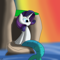 Size: 1000x1000 | Tagged: safe, artist:spritepony, rarity, merpony, pony, seapony (g4), unicorn, g4, blue eyes, blue mane, colored pupils, digital art, female, fish tail, horn, lidded eyes, mermaid tail, ocean, rock, seaponified, seapony rarity, signature, sitting, sky, smiling, solo, species swap, tail, water