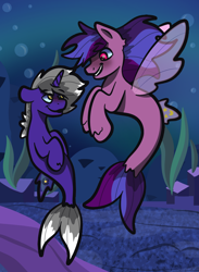 Size: 736x1008 | Tagged: safe, artist:doodle-hooves, oc, oc only, oc:astro, pegasus, pony, seapony (g4), unicorn, bubble, clothes, digital art, dorsal fin, duo, fin wings, fish tail, flowing mane, flowing tail, gay, horn, looking at each other, male, ocean, pink eyes, purple mane, rock, seaponified, seaquestria, seaweed, see-through, shipping, smiling, species swap, tail, underwater, water, wings, yellow eyes