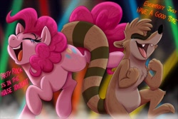 Size: 2800x1866 | Tagged: safe, artist:orlando_fox, pinkie pie, earth pony, pony, raccoon, g4, crossover, crossover shipping, crying, duo, eyes closed, female, male, mare, open mouth, open smile, party, party rock anthem (lmfao feat. lauren bennett & goonrock), regular show, rigby (regular show), rigbypie, shipping, smiling, straight, tears of joy, text