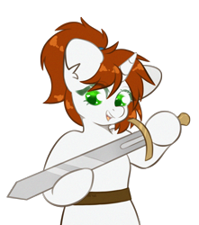 Size: 1500x1700 | Tagged: safe, artist:etoz, oc, oc only, oc:stone, pony, unicorn, happy, horn, open mouth, simple background, sketch, smiling, solo, sword, transparent background, unicorn oc, weapon