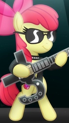 Size: 1080x1920 | Tagged: safe, artist:whitequartztheartist, apple bloom, earth pony, pony, g4, bipedal, blue oyster cult, clothes, cosplay, costume, eric bloom, female, filly, glasses, guitar, musical instrument, rock (music), solo, standing on two hooves
