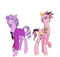 Size: 1582x1509 | Tagged: safe, artist:aztrial, coronet, diamond tiara, discord, earth pony, pony, g4, clothes, crown, dyed mane, dyed tail, eyeshadow, half-siblings, half-sisters, headcanon in the description, jacket, jewelry, makeup, mohawk, necktie, nose piercing, nose ring, older, older diamond tiara, piercing, regalia, shirt, story included, suit, tattoo, twilight's cutie mark, unshorn fetlocks