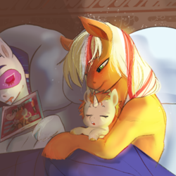 Size: 2048x2048 | Tagged: safe, artist:aztrial, applejack, rarity, oc, oc:southern belle, earth pony, pony, unicorn, g4, baby, baby pony, bed, blanket, cute, drool, family, female, foal, high res, lesbian, magazine, magical lesbian spawn, majestic as fuck, morning ponies, offspring, parent:applejack, parent:rarity, parents:rarijack, ship:rarijack, shipping, sleep mask, sleeping, wholesome