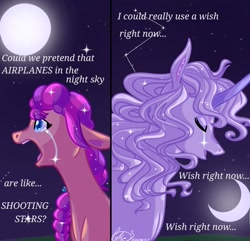 Size: 1109x1070 | Tagged: safe, artist:pokethedog, sunny starscout, twilight sparkle, earth pony, pony, unicorn, g5, aeroplanes and meteor showers, airplanes (song), crescent moon, crossover, crossover shipping, crying, duo, female, full moon, lady amalthea, lyrics, male, meme, moon, mordecai, mordetwi, redraw mordetwi meme, regular show, shipping, stars, text, the last unicorn