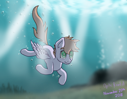 Size: 2700x2104 | Tagged: safe, artist:optic-rainfall, oc, oc only, pegasus, pony, brown mane, bubble, crepuscular rays, feather, flowing tail, green eyes, high res, rock, seaweed, signature, smiling, solo, sunlight, swimming, underwater, water, wings
