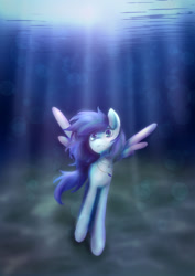 Size: 1280x1805 | Tagged: safe, artist:rottuchan, oc, oc only, pegasus, pony, blue eyes, blue mane, bubble, crepuscular rays, female, flowing mane, looking at you, ocean, solo, spread wings, sunlight, underwater, water, wings