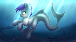 Size: 3265x1837 | Tagged: safe, artist:imshysoihide, oc, oc only, original species, shark, shark pony, blue eyes, crepuscular rays, dorsal fin, fish tail, flowing tail, purple mane, signature, smiling, solo, sunlight, swimming, tail, underwater, water