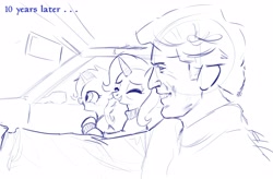 Size: 4096x2692 | Tagged: safe, artist:general proton, trixie, human, pony, unicorn, g4, car, explicit source, eyes closed, female, filly, male, mare, monochrome, smiling, todd howard