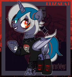 Size: 2121x2280 | Tagged: safe, artist:idkhesoff, oc, oc only, oc:elizabat stormfeather, alicorn, bat pony, bat pony alicorn, pony, alicorn oc, bat pony oc, bat wings, clothes, ear piercing, earring, edgy, eyebrow piercing, eyeshadow, female, fishnet clothing, goth, grin, heterochromia, high res, horn, jewelry, lip piercing, lipstick, makeup, mare, nose piercing, piercing, raised hoof, redesign, shirt, smiling, socks, solo, t-shirt, tattoo, wings