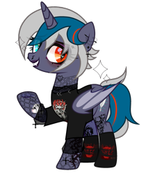 Size: 2121x2280 | Tagged: safe, alternate version, artist:idkhesoff, derpibooru exclusive, oc, oc only, oc:elizabat stormfeather, alicorn, bat pony, bat pony alicorn, pony, alicorn oc, bat pony oc, bat wings, clothes, ear piercing, earring, edgy, eyebrow piercing, eyeshadow, female, fishnet clothing, goth, grin, heterochromia, high res, horn, jewelry, lip piercing, lipstick, makeup, mare, nose piercing, piercing, raised hoof, redesign, shirt, simple background, smiling, socks, solo, t-shirt, tattoo, transparent background, wings