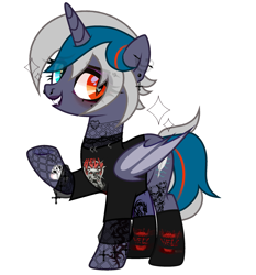 Size: 2121x2280 | Tagged: safe, alternate version, artist:idkhesoff, derpibooru exclusive, oc, oc only, oc:elizabat stormfeather, alicorn, bat pony, bat pony alicorn, pony, alicorn oc, bat pony oc, bat wings, clothes, ear piercing, earring, edgy, eyebrow piercing, eyeshadow, female, fishnet clothing, goth, grin, heterochromia, high res, horn, jewelry, lip piercing, lipstick, makeup, mare, nose piercing, piercing, raised hoof, redesign, shirt, simple background, smiling, socks, solo, t-shirt, tattoo, white background, wings