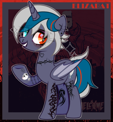 Size: 2121x2280 | Tagged: safe, alternate version, artist:idkhesoff, oc, oc only, oc:elizabat stormfeather, alicorn, bat pony, bat pony alicorn, pony, alicorn oc, bat pony oc, bat wings, ear piercing, earring, edgy, eyebrow piercing, eyeshadow, female, grin, heterochromia, high res, horn, jewelry, lip piercing, lipstick, makeup, mare, nose piercing, piercing, raised hoof, redesign, smiling, solo, tattoo, wings