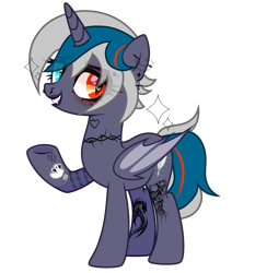 Size: 2121x2280 | Tagged: safe, alternate version, artist:idkhesoff, derpibooru exclusive, oc, oc only, oc:elizabat stormfeather, alicorn, bat pony, bat pony alicorn, pony, alicorn oc, bat pony oc, bat wings, ear piercing, earring, edgy, eyebrow piercing, eyeshadow, female, goth, grin, heterochromia, high res, horn, jewelry, lip piercing, lipstick, makeup, mare, nose piercing, piercing, raised hoof, redesign, simple background, smiling, solo, tattoo, transparent background, wings