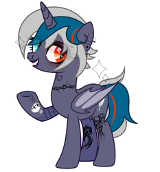 Size: 2121x2280 | Tagged: safe, alternate version, artist:idkhesoff, derpibooru exclusive, oc, oc only, oc:elizabat stormfeather, alicorn, bat pony, bat pony alicorn, pony, alicorn oc, bat pony oc, bat wings, ear piercing, earring, edgy, eyebrow piercing, eyeshadow, female, goth, grin, heterochromia, high res, horn, jewelry, lip piercing, lipstick, makeup, mare, nose piercing, piercing, raised hoof, redesign, simple background, smiling, solo, tattoo, white background, wings
