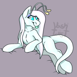 Size: 1200x1200 | Tagged: safe, artist:vashtwiist, oc, oc:vaila, alien, alien pony, semi-anthro, :p, arm hooves, hairless, lying down, tail, thighs, tongue out, watermark