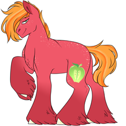 Size: 3000x3000 | Tagged: safe, artist:gingygin, big macintosh, earth pony, pony, g4, body freckles, chest fluff, freckles, high res, lidded eyes, looking at you, male, missing accessory, raised hoof, simple background, smiling, smiling at you, smirk, solo, stallion, unshorn fetlocks, white background