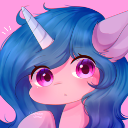 Size: 1000x1000 | Tagged: safe, artist:dddreamdraw, izzy moonbow, pony, unicorn, g5, chromatic aberration, ear fluff, looking at you, pink background, simple background, solo