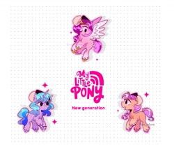 Size: 1165x996 | Tagged: safe, artist:yun_nhee, izzy moonbow, pipp petals, sunny starscout, earth pony, pegasus, pony, unicorn, g5, big ears, braid, colored hooves, ear fluff, female, flying, looking down, mare, my little pony logo, unshorn fetlocks