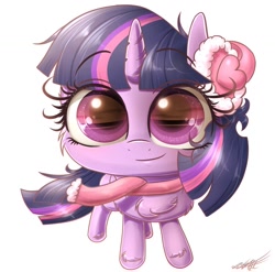 Size: 1260x1245 | Tagged: safe, artist:phoenixrk49, twilight sparkle, pony, unicorn, g4, chest fluff, chibi, clothes, cute, earmuffs, female, mare, remake, scarf, simple background, smiling, solo, twiabetes