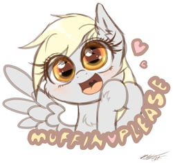 Size: 1288x1215 | Tagged: safe, artist:phoenixrk49, derpy hooves, pegasus, pony, g4, blushing, bronybait, chest fluff, ear fluff, implied muffins, open mouth, solo, talking to viewer