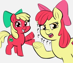 Size: 1464x1264 | Tagged: safe, artist:heretichesh, apple bloom, oc, oc:abble ploom, earth pony, pony, g4, duo, female, filly, looking at you, palette swap, question mark, recolor, simple background, smiling, smiling at you, waving