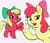 Size: 1464x1264 | Tagged: safe, artist:heretichesh, apple bloom, oc, oc:abble ploom, earth pony, pony, g4, duo, female, filly, looking at you, palette swap, question mark, recolor, simple background, smiling, smiling at you, waving