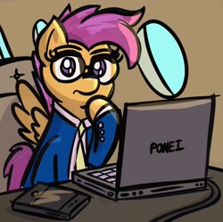 Size: 960x958 | Tagged: safe, artist:ashtoneer, scootaloo, pegasus, pony, g4, clothes, computer, female, filly, glasses, laptop computer, looking at you, necktie, plane, solo, suit, suit and tie, suitaloo