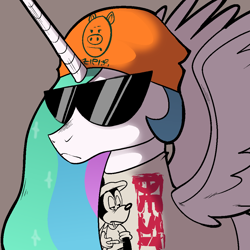 Size: 1000x1000 | Tagged: safe, artist:swagstapiece, princess celestia, alicorn, pony, g4, beanie, clothes, female, hat, male, mare, mickey mouse, shirt, solo, spread wings, sunglasses, wings