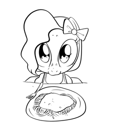 Size: 1840x2000 | Tagged: safe, artist:swagstapiece, earth pony, pony, bow, female, filly, food, hair bow, looking at you, pasta, spaghetti