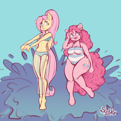 Size: 5048x5048 | Tagged: safe, artist:scribleydoodles, part of a set, fluttershy, pinkie pie, earth pony, pegasus, anthro, unguligrade anthro, g4, belly button, bikini, breasts, busty pinkie pie, chubby, clothes, duo, female, height difference, mare, one-piece swimsuit, sarong, see-through, skinny, swimsuit, tallershy, thighs, thin, thunder thighs, water, wide hips