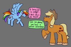 Size: 1280x844 | Tagged: safe, artist:tezzbot, applejack, rainbow dash, earth pony, pegasus, pony, g4, dialogue, female, gray background, lesbian, mare, ship:appledash, shipping, simple background, size difference, speech bubble, vulgar description