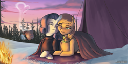 Size: 3480x1754 | Tagged: safe, artist:nire, applejack, rarity, earth pony, pony, unicorn, g4, blanket, campfire, camping, clothes, cup, cutie mark accessory, evening, female, fire, forest, hot drink, lesbian, scarf, scenery, ship:rarijack, shipping, sky, snow, sweater, tent, winter