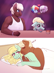 Size: 2234x2991 | Tagged: safe, artist:hahyh, dumbbell, limestone pie, rainbow dash, zephyr breeze, pegasus, anthro, g4, alcohol, bed, crying, cuddling, gay, heartbreak, high res, implied lesbian, implied limedash, implied shipping, loose hair, male, onomatopoeia, shipping, sound effects, spooning, trans male, transgender, zephyrbell, zzz