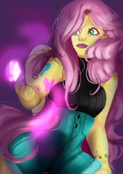 Size: 1448x2048 | Tagged: safe, artist:nnynha_a, fluttershy, butterfly, human, g4, breasts, female, humanized, lipstick, looking at something, solo, winged humanization, wings