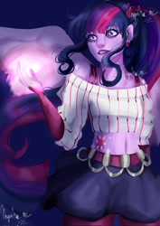 Size: 1448x2048 | Tagged: safe, artist:nnynha_a, twilight sparkle, human, g4, belly button, clothes, female, humanized, magic, midriff, skirt, solo, winged humanization, wings