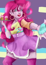 Size: 1448x2048 | Tagged: safe, artist:nnynha_a, pinkie pie, human, g4, clothes, cupcake, dress, ear piercing, earring, female, fingerless gloves, food, gloves, hooped earrings, humanized, jewelry, solo