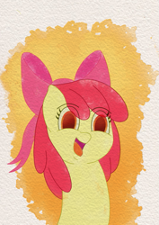 Size: 509x720 | Tagged: safe, artist:dudatg, apple bloom, earth pony, pony, g4, bust, eye clipping through hair, female, filly, open mouth, open smile, portrait, smiling, solo, tongue out