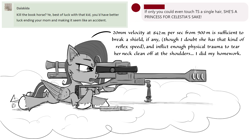 Size: 2000x1110 | Tagged: safe, artist:chopsticks, oc, oc only, oc:cookie cutter, pegasus, pony, 20mm rifle, anti-materiel rifle, ask, ask cookie cutter, cheek fluff, chest fluff, cloud, dialogue, ear fluff, female, filly, gun, implied twilight sparkle, lying down, monochrome, rifle, sniper, solo, text, unshorn fetlocks, weapon, wing hands, wing hold, wings